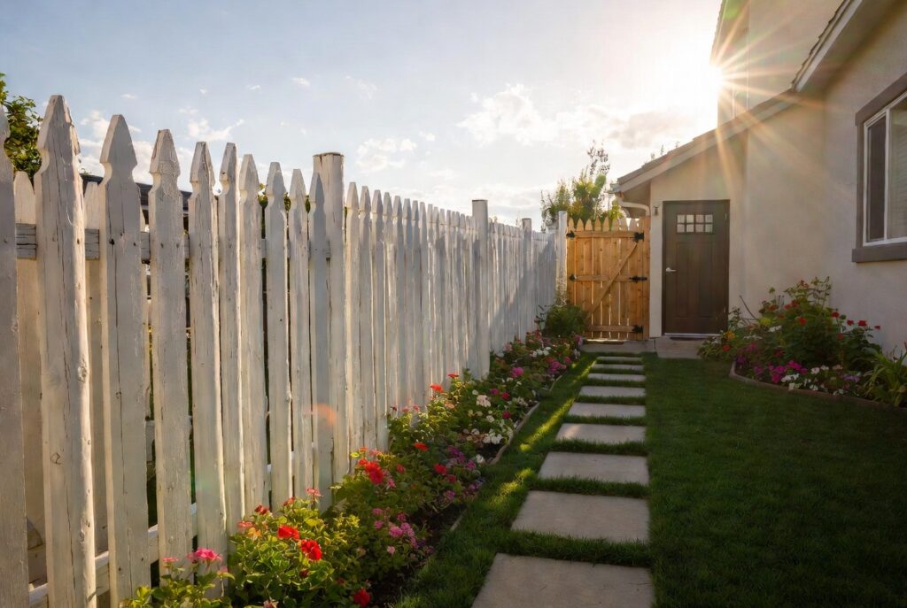 White picket fence with manicured lawn, blooming flower border leading to charming home entry, warm afternoon sun