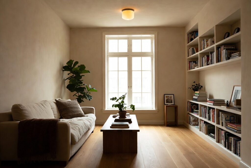 Warm minimalist living room with light oak floors, limewash walls and layered earthy textures, soft natural light