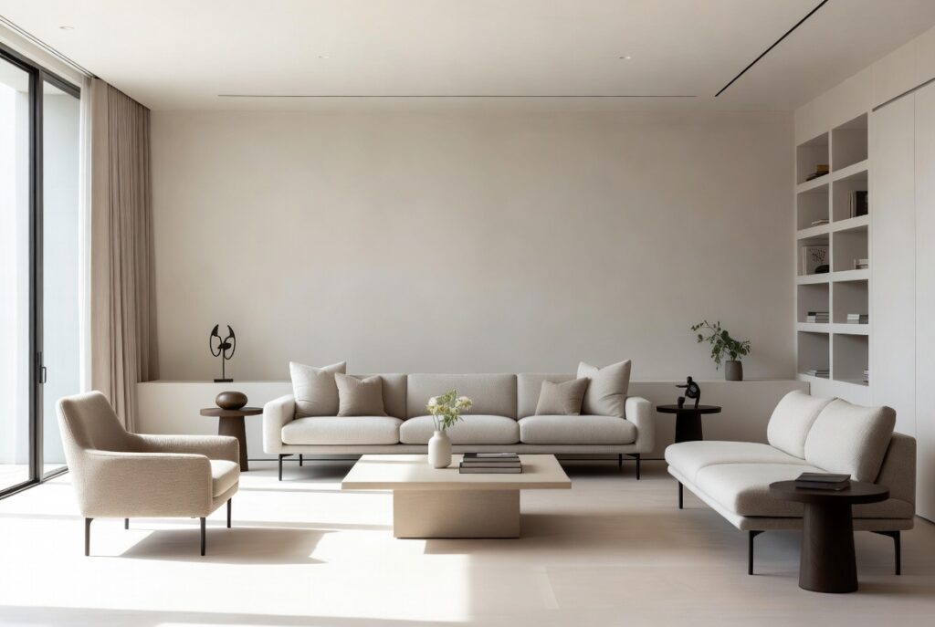 "Keep surfaces clear and intentional in small living room - Minimalist clutter-free coffee table and shelves with only purposeful decor creating open spacious and calm modern interior"