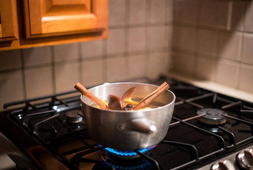 Stovetop pot simmering cinnamon sticks, orange peel and cloves in cozy autumn kitchen, warm light