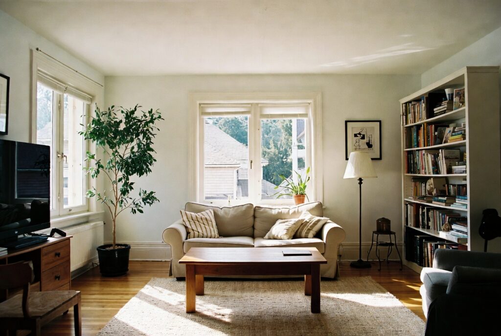 Clean decluttered living room with clear surfaces, open space and bright natural light, fresh and airy