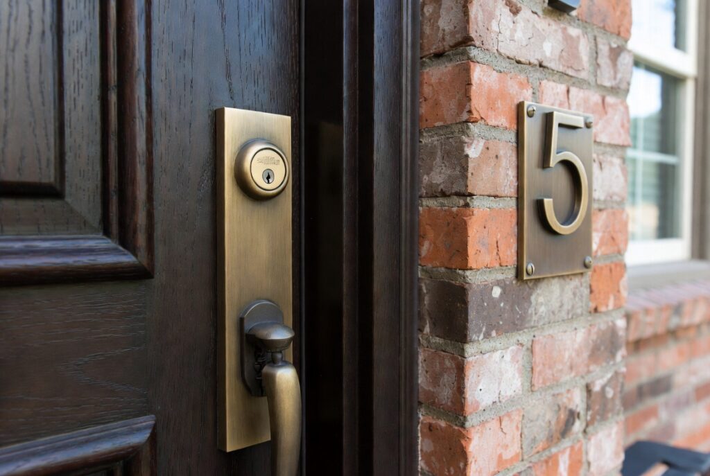 Brushed brass door hardware and house numbers creating cohesive entry finish