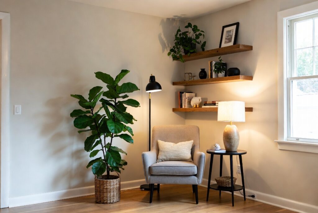 <img data-src="styled-empty-corner.jpg" alt="The empty corner you're wasting right now - Brilliant interior design ideas to transform unused empty corners into stunning functional spaces. Beautifully styled corner with tall floor plant, cozy armchair, floating shelves with decor, floor lamp and small side table creating an inviting reading nook or display area. How to style awkward empty corners in living rooms to add character depth and maximize space. Smart corner decorating tips that make every inch of your home feel intentional, expensive and complete.">
