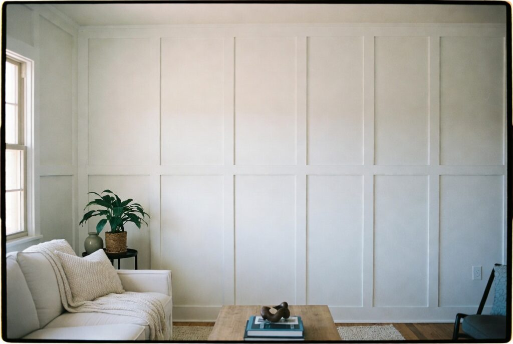 Living room with white board-and-batten paneling in soft warm white, modern furniture, natural afternoon light