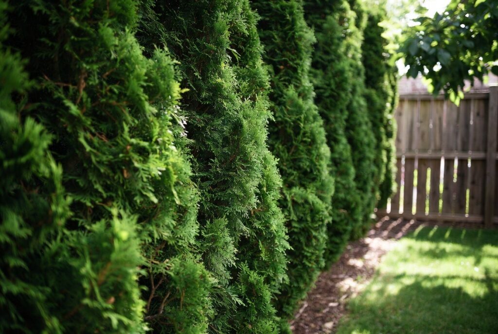 privacy hedge landscaping ideas arborvitae living fence backyard screening design