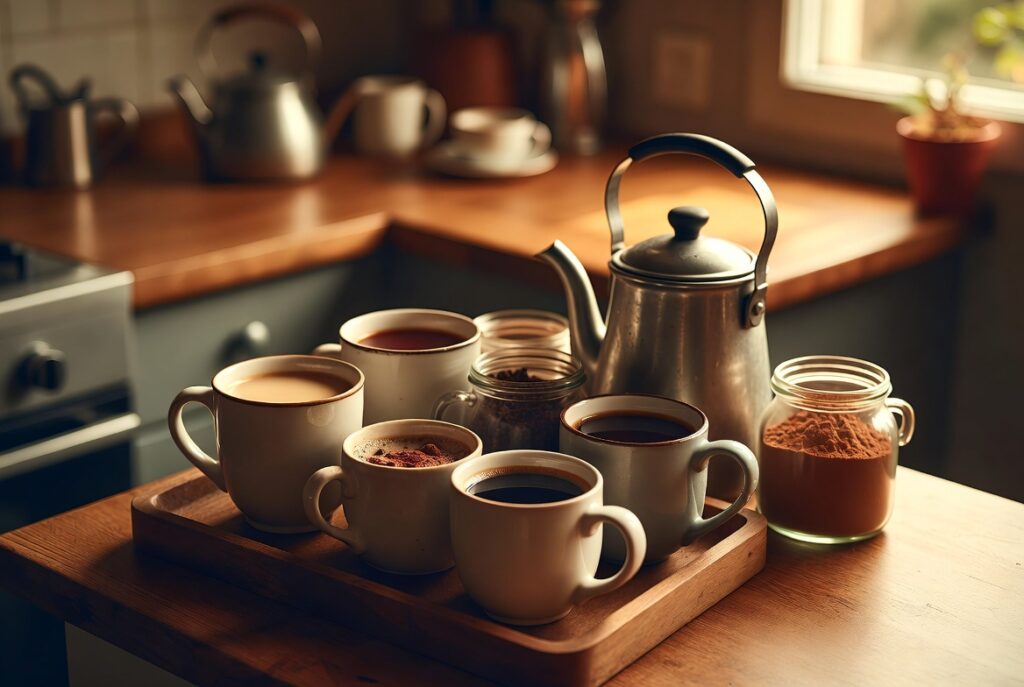 Warm drink station with mugs, kettle, tea and cocoa on wooden tray in cozy autumn kitchen, warm light