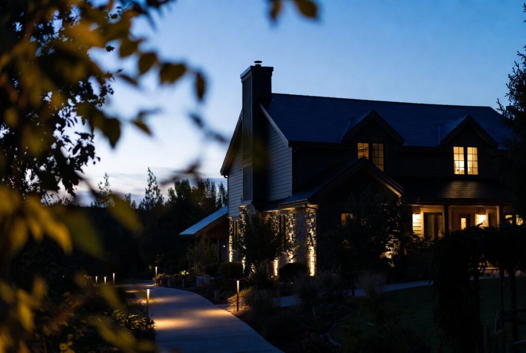 Home exterior with layered lighting highlighting architecture after sundown