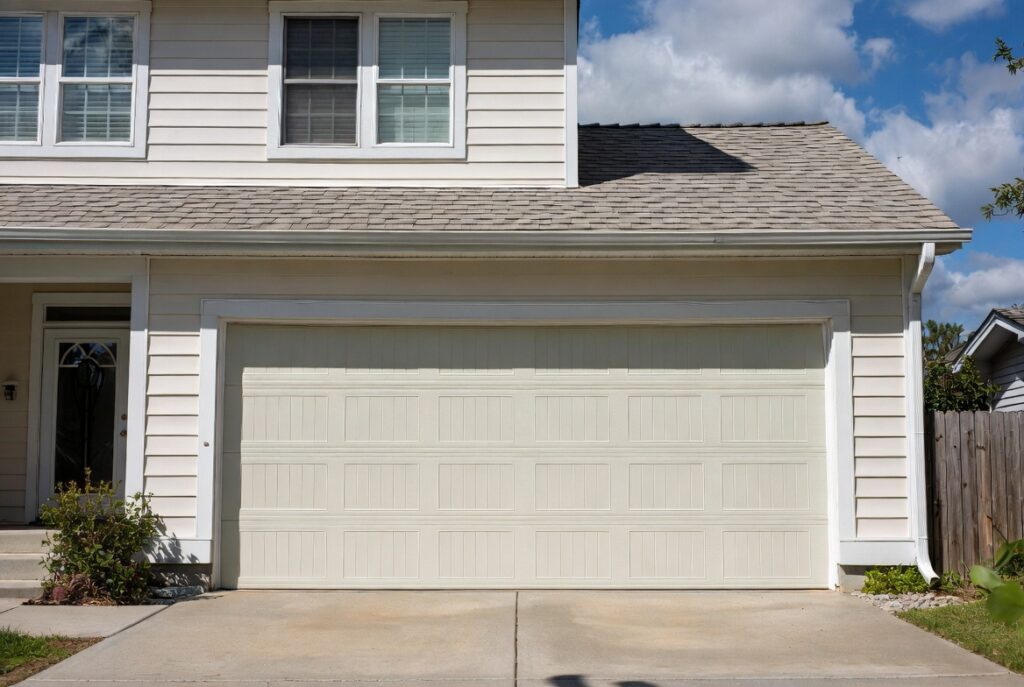 Garage door repainted to match home trim color creating cohesive facade