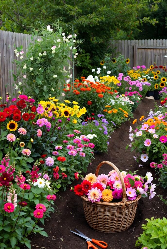 <img data-src="cut-flower-garden.jpg" alt="Grow a cut flower garden for your home - Beautiful abundant cut flower garden filled with flowers perfect for bouquets and arrangements. Vibrant dahlias, zinnias, cosmos, snapdragons, sunflowers, and roses growing in rows for easy cutting. Freshly cut flowers in a basket with scissors in a sunny backyard garden. Learn how to grow your own cut flower garden at home for beautiful fresh flowers all season long, saving money and creating stunning homemade floral arrangements.">