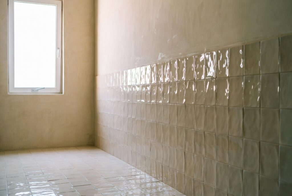 Bright bathroom with large format cream porcelain tiles, seamless spacious floor and walls, natural light