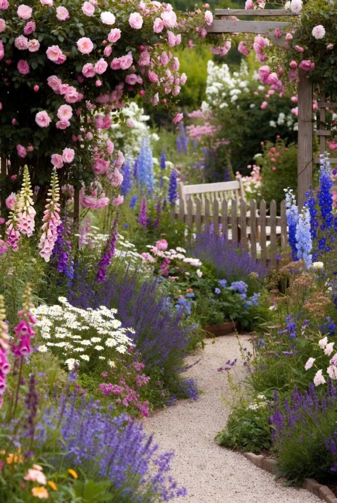 <img data-src="cottage-garden-style.jpg" alt="Cottage garden style anyone can achieve - Charming romantic English cottage garden design with abundant colorful flowers, climbing roses on trellis, overflowing mixed borders, lavender, daisies, foxgloves and herbs in a whimsical backyard. Soft pastel color palette, natural pathways, picket fence and relaxed abundant planting for beautiful cottagecore garden aesthetic. Easy DIY cottage garden ideas for beginners to create enchanting storybook gardens full of charm and personality without professional help.">