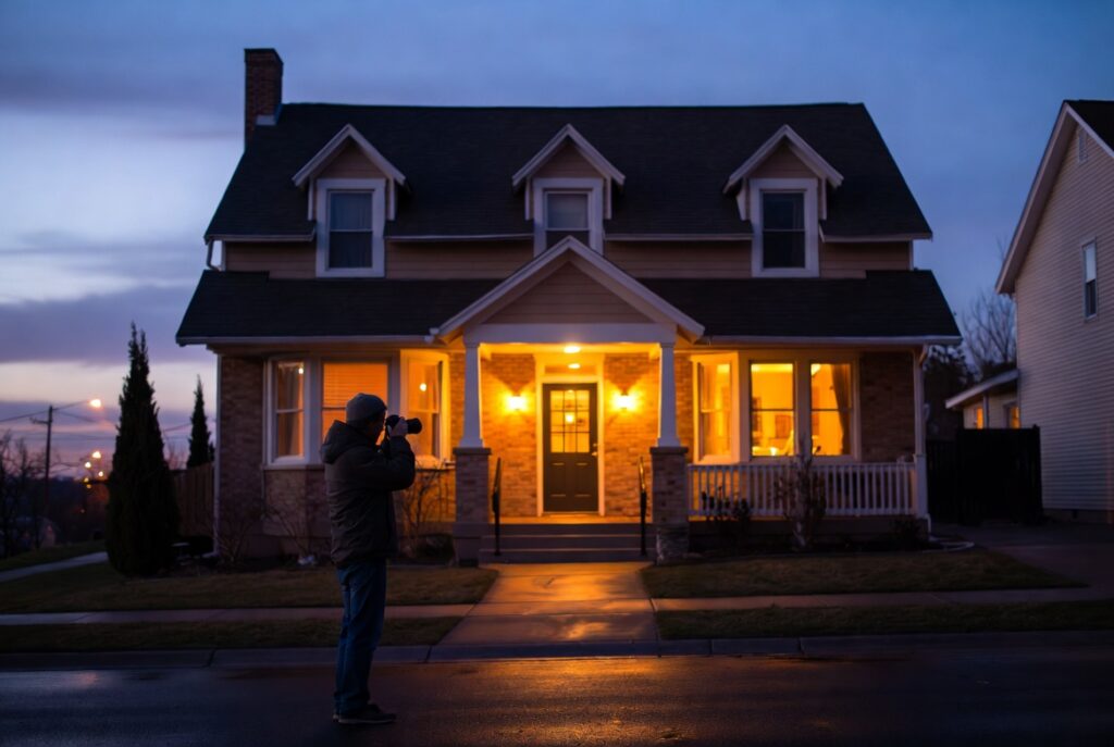 Person at street photographing beautiful home exterior at dusk with warm entry lighting, candid shot