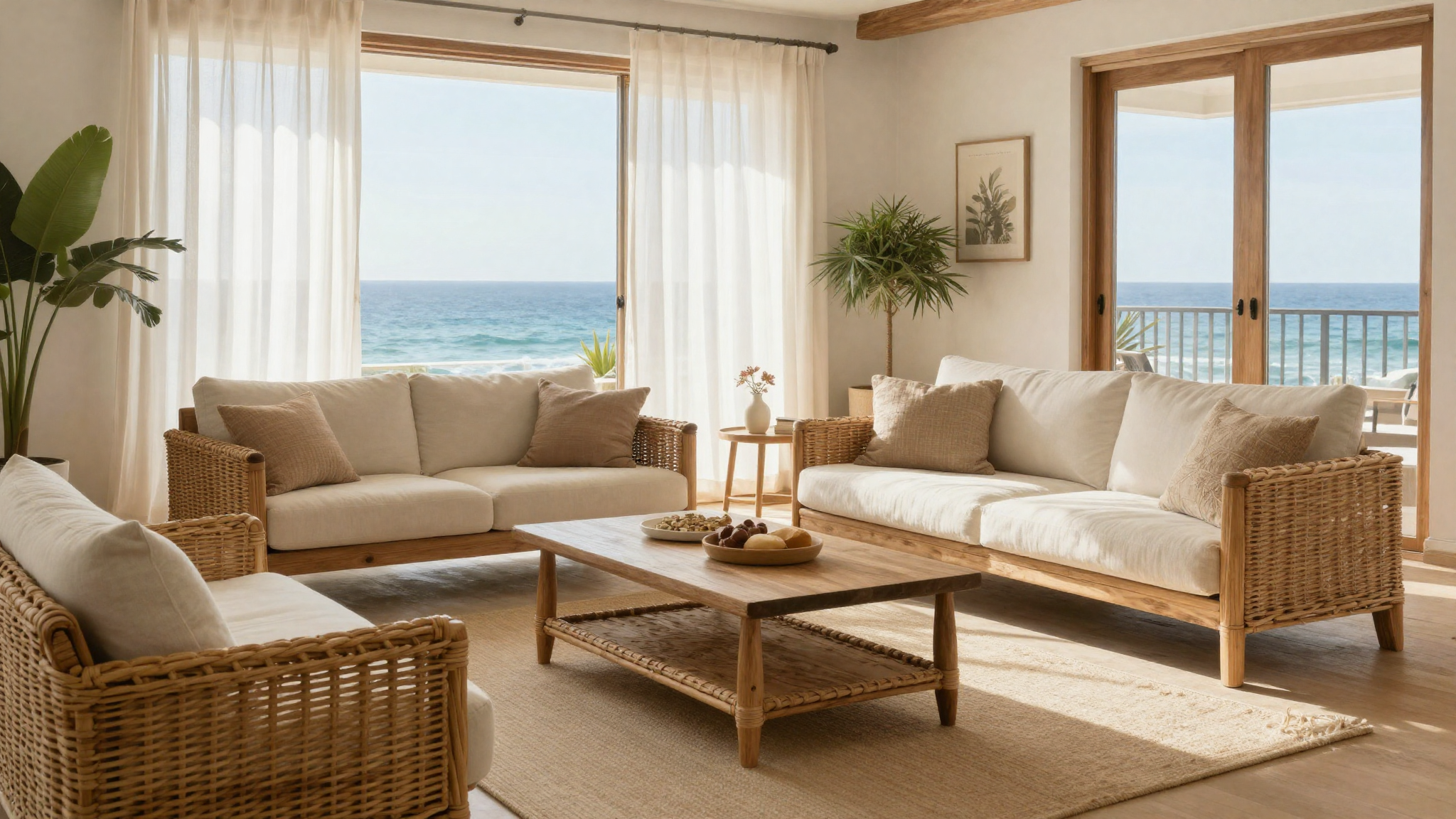 Modern coastal living room with warm sandy neutrals driftwood tones and wicker furniture replacing all-white nautical style