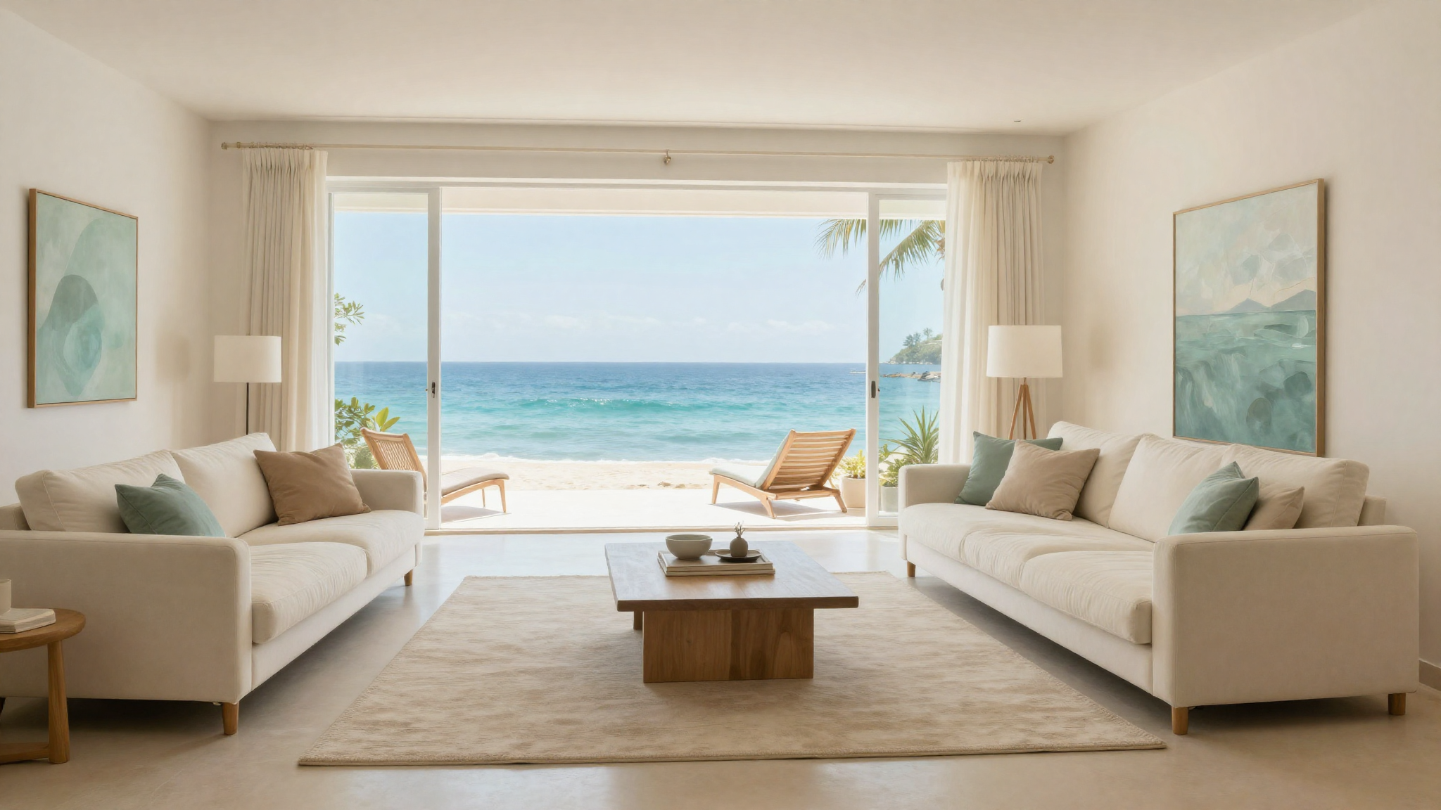 Coastal living room palette of warm white sandy beige seafoam green and watery blue creating light airy open atmosphere