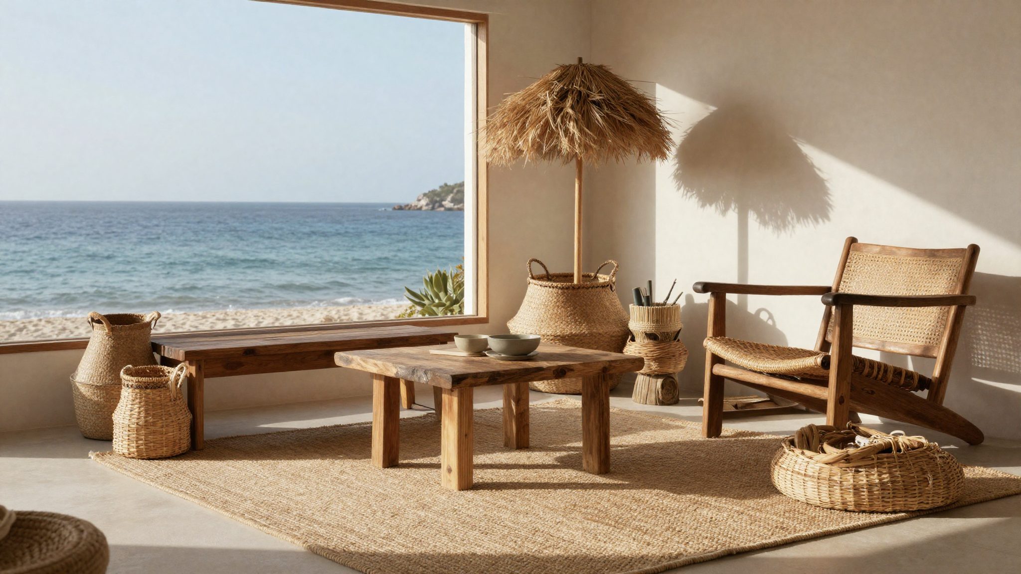 Coastal interior layered with jute rug woven rattan basket seagrass lampshade and reclaimed wood furniture organic natural textures