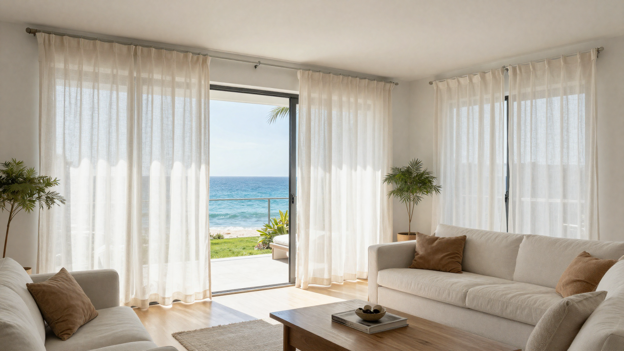 Bright coastal living room with sheer linen curtains letting in abundant natural ocean light creating open breezy atmosphere