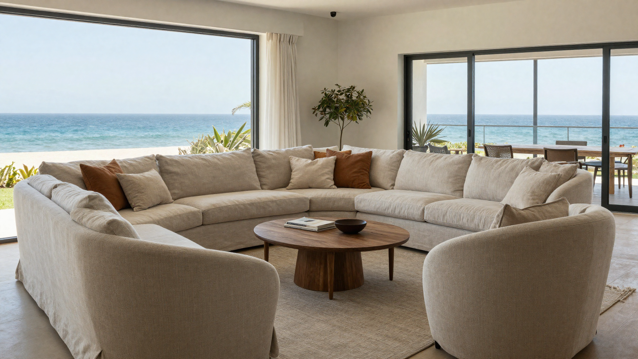 Coastal living room with slipcovered linen sofa curved barrel chairs relaxed casual comfortable seating arrangement natural light