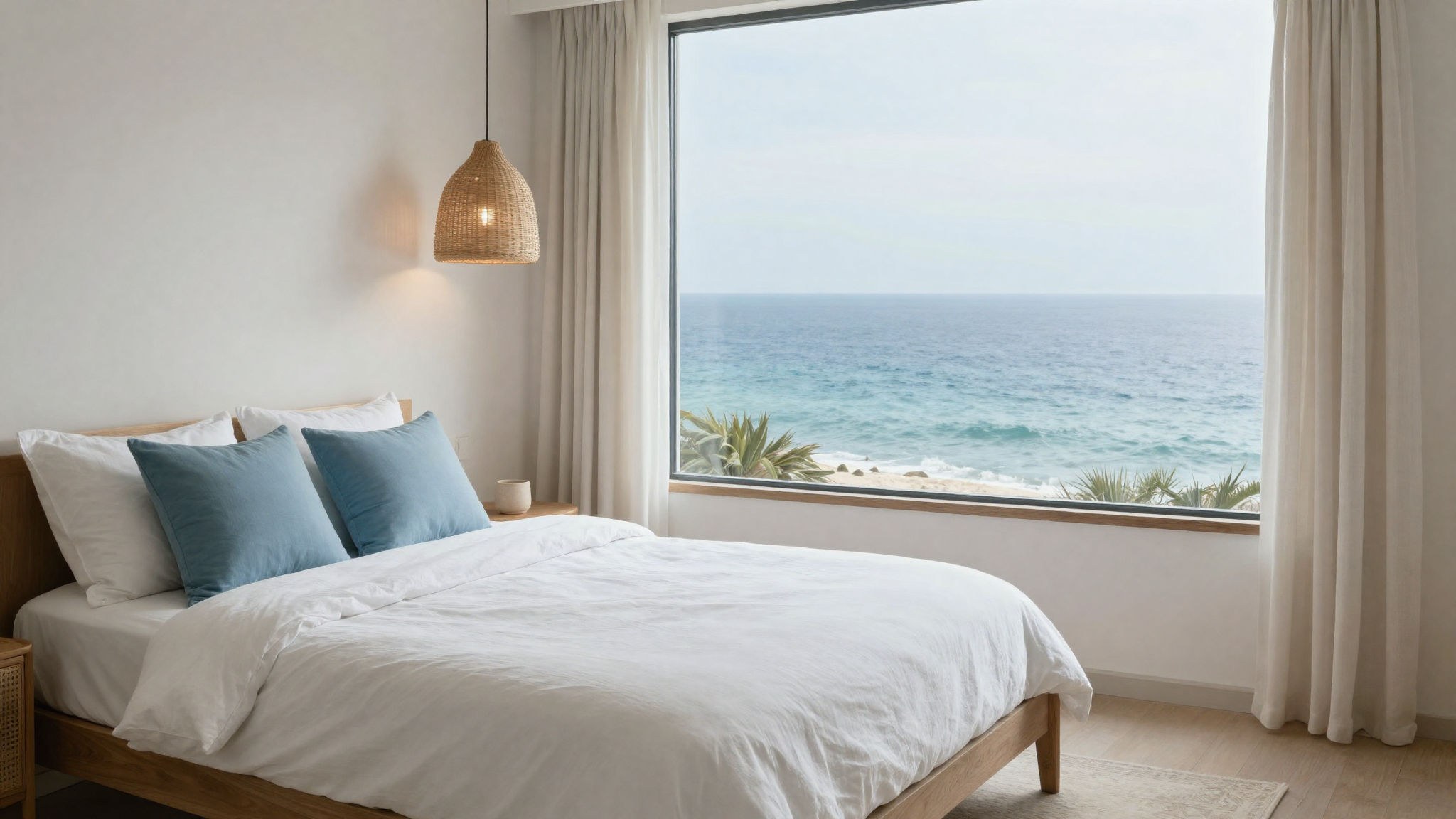 Coastal bedroom sanctuary with white linen bedding soft sea blue pillows woven pendant light and large window creating calm serene atmosphere