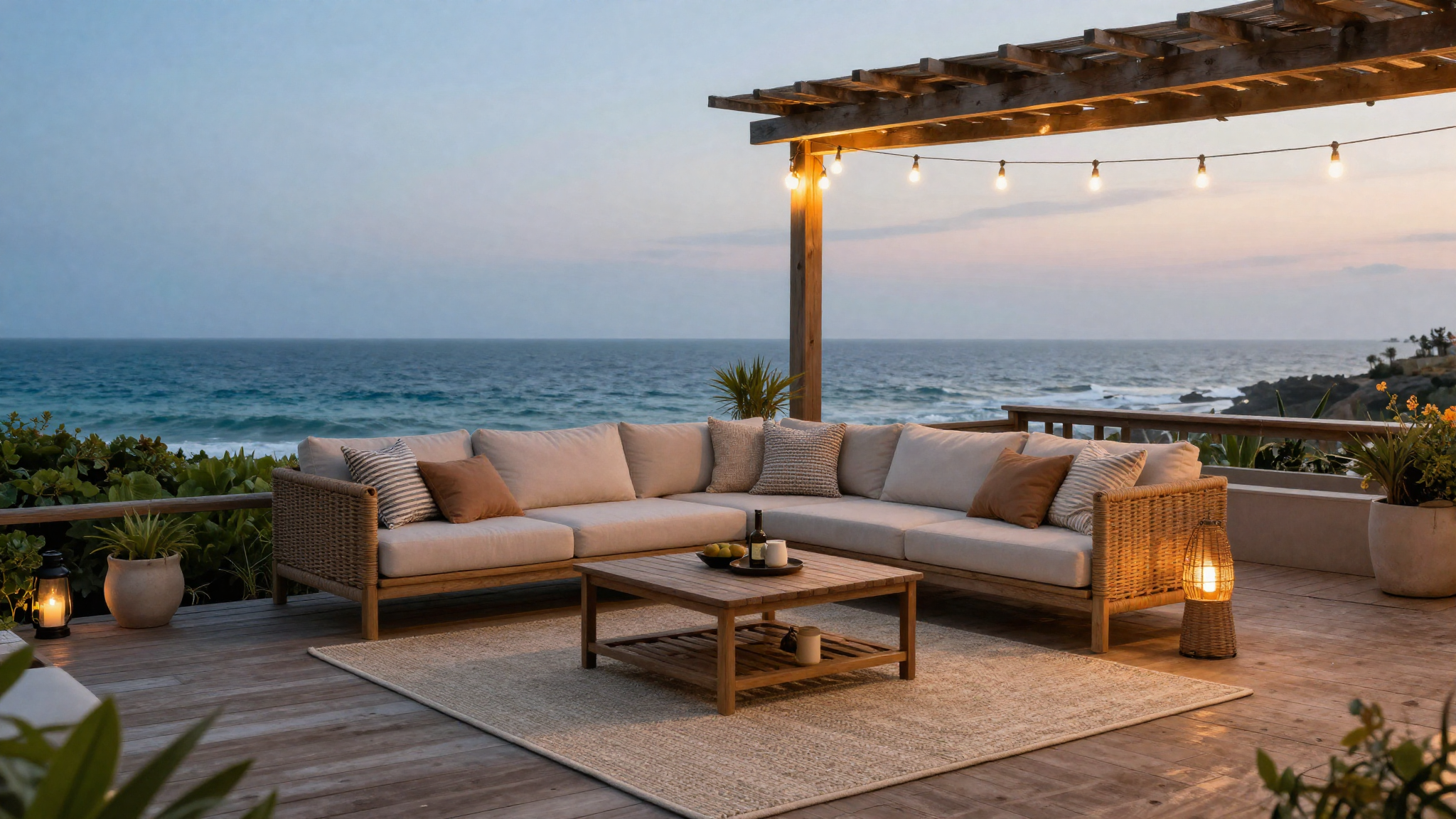 Coastal outdoor patio with comfortable weatherproof sofa outdoor rug string lights wooden deck relaxed summer evening by the ocean