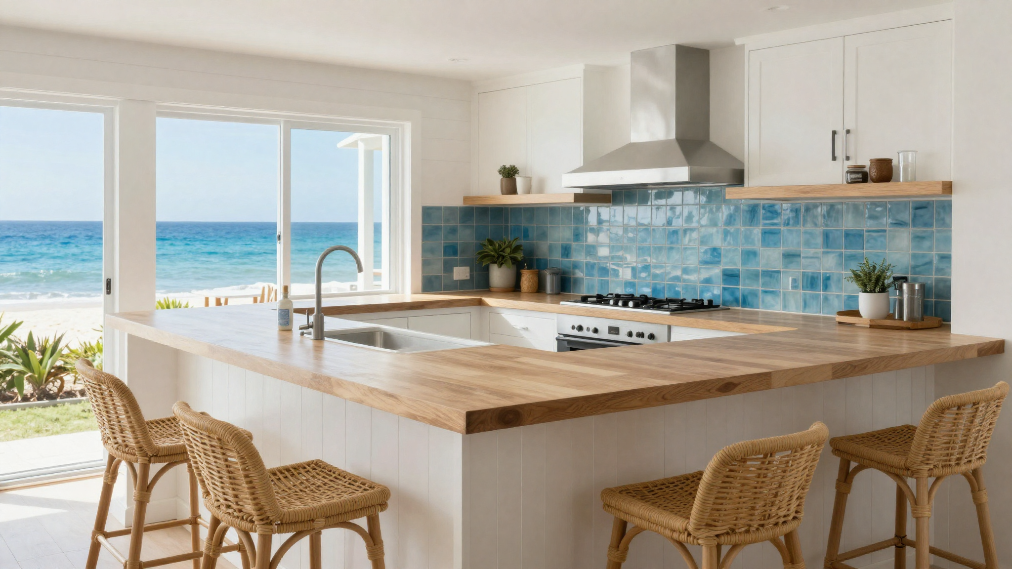 Coastal kitchen with white cabinetry light wood counters blue glass tile backsplash rattan bar stools bright airy open feel