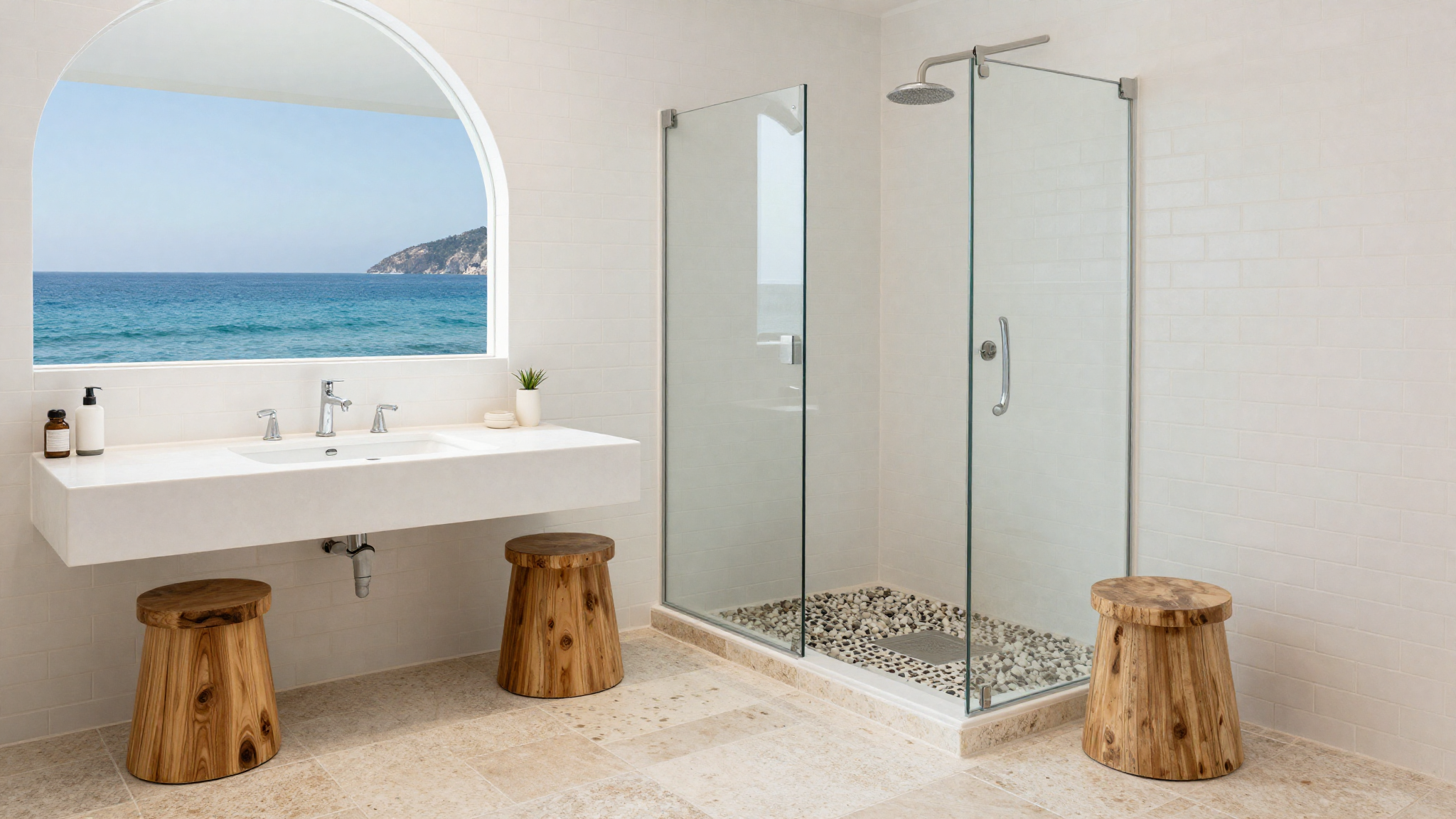 Coastal spa bathroom with travertine floor white subway tiles arched mirror teak wood stool pebble shower floor serene resort feel