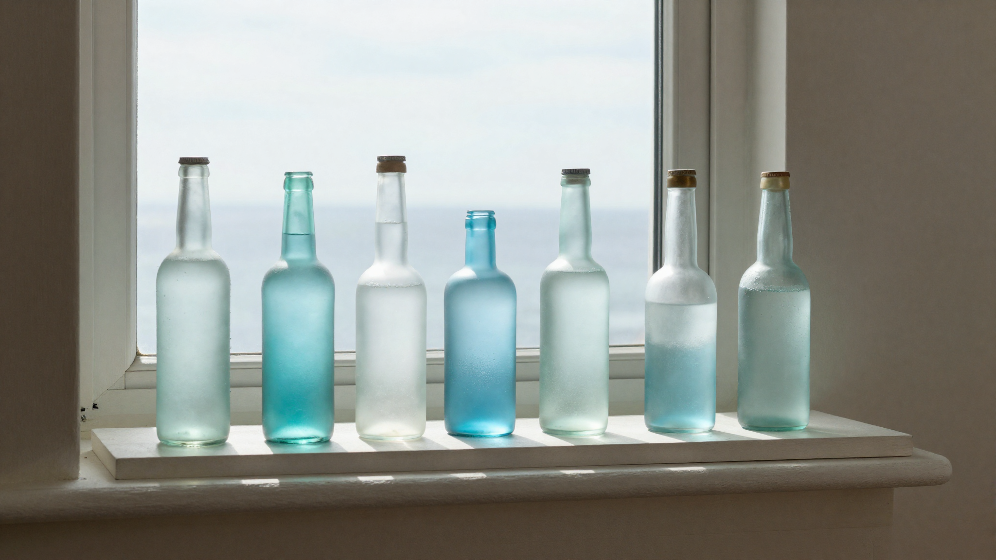 Coastal windowsill styled with frosted sea glass bottles in blue green aqua tones catching natural window light elegant minimal display
