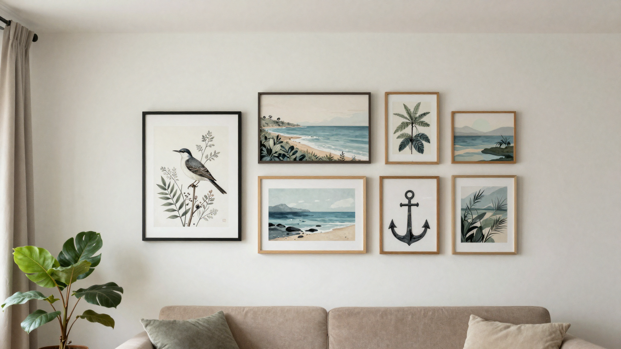 Coastal living room wall with botanical print art and bird illustration nature-inspired gallery instead of literal nautical anchors