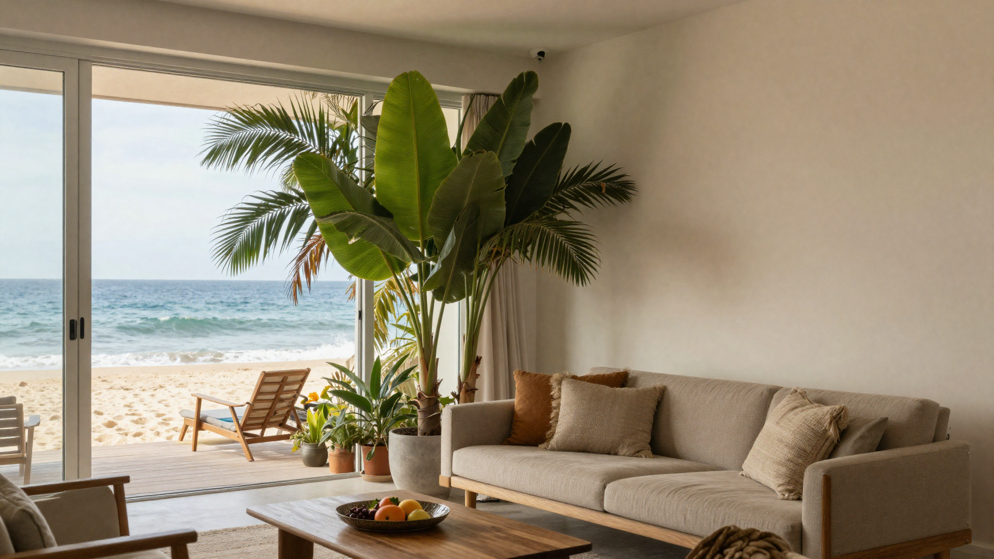 Coastal living room with large tropical palm plant Bird of Paradise green foliage bringing life to sandy neutral coastal interior