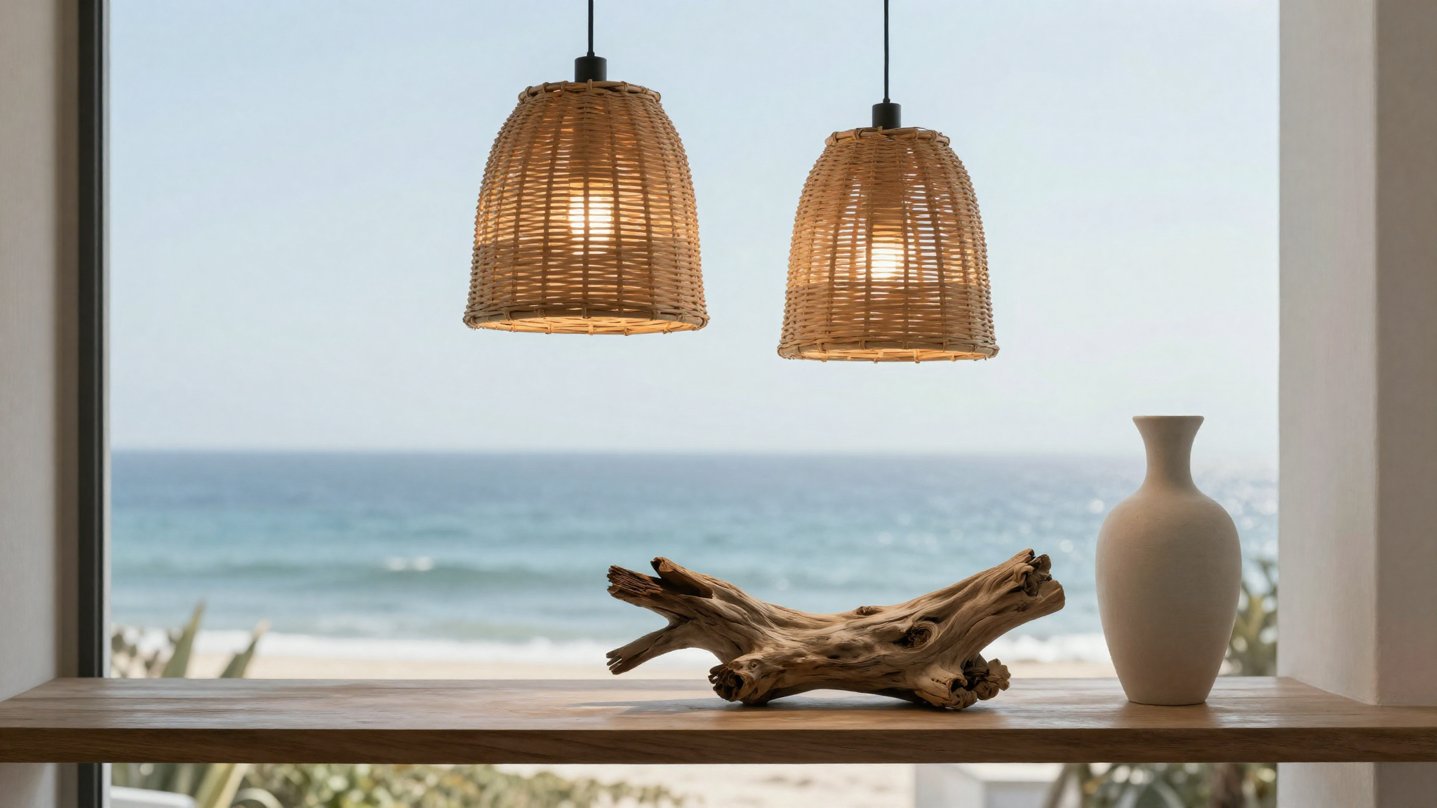 Coastal home with handmade rattan pendant light artisan ceramic vase and driftwood piece showing quiet luxury craftsmanship