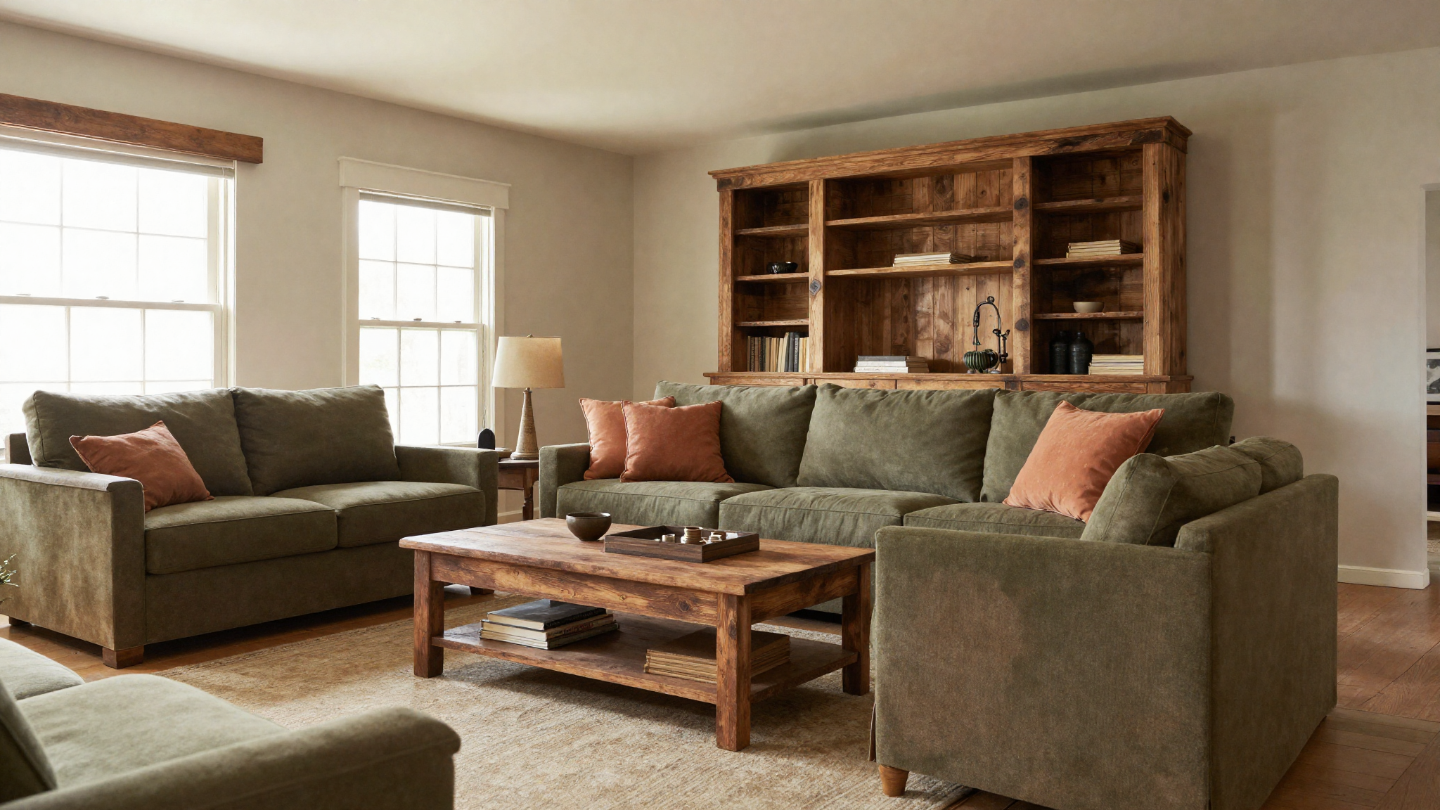 Farmhouse decor ideas with warm earthy tones deep olive terracotta and reclaimed wood in rustic living room
