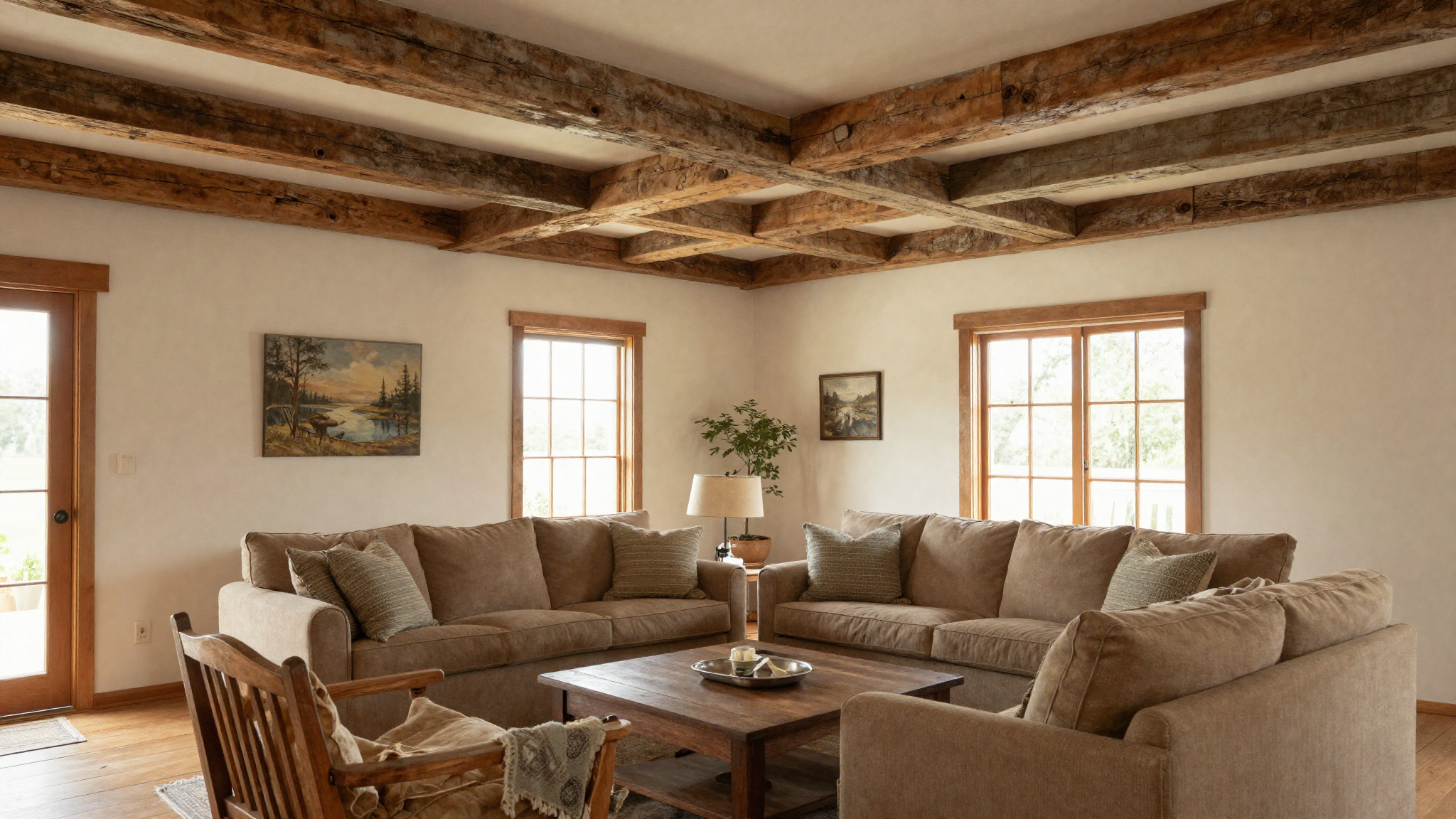 Farmhouse living room with exposed reclaimed wood ceiling beams adding rustic architectural character and warmth