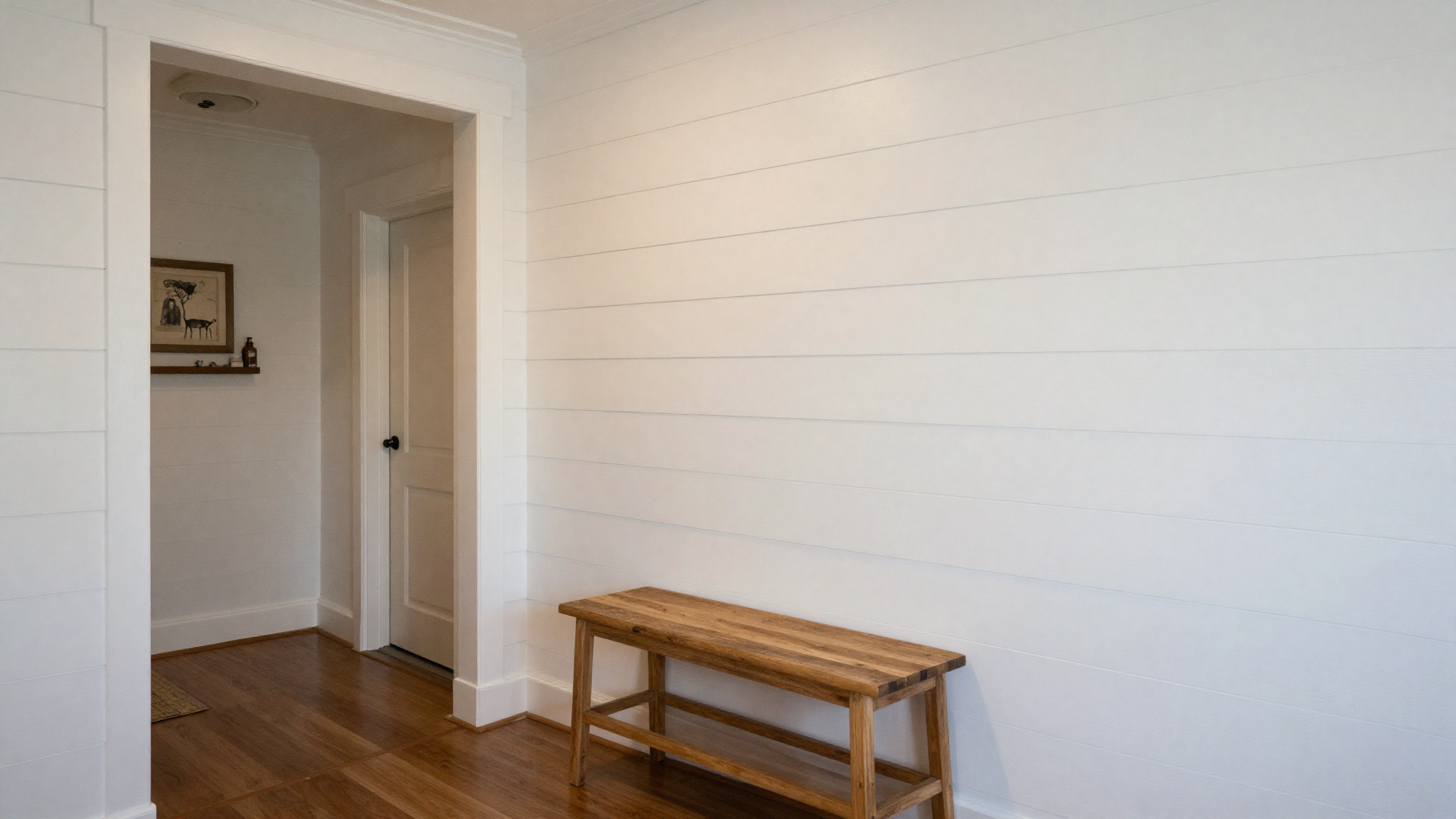 Farmhouse bedroom with white shiplap accent wall adding classic texture and warmth behind natural wood furniture