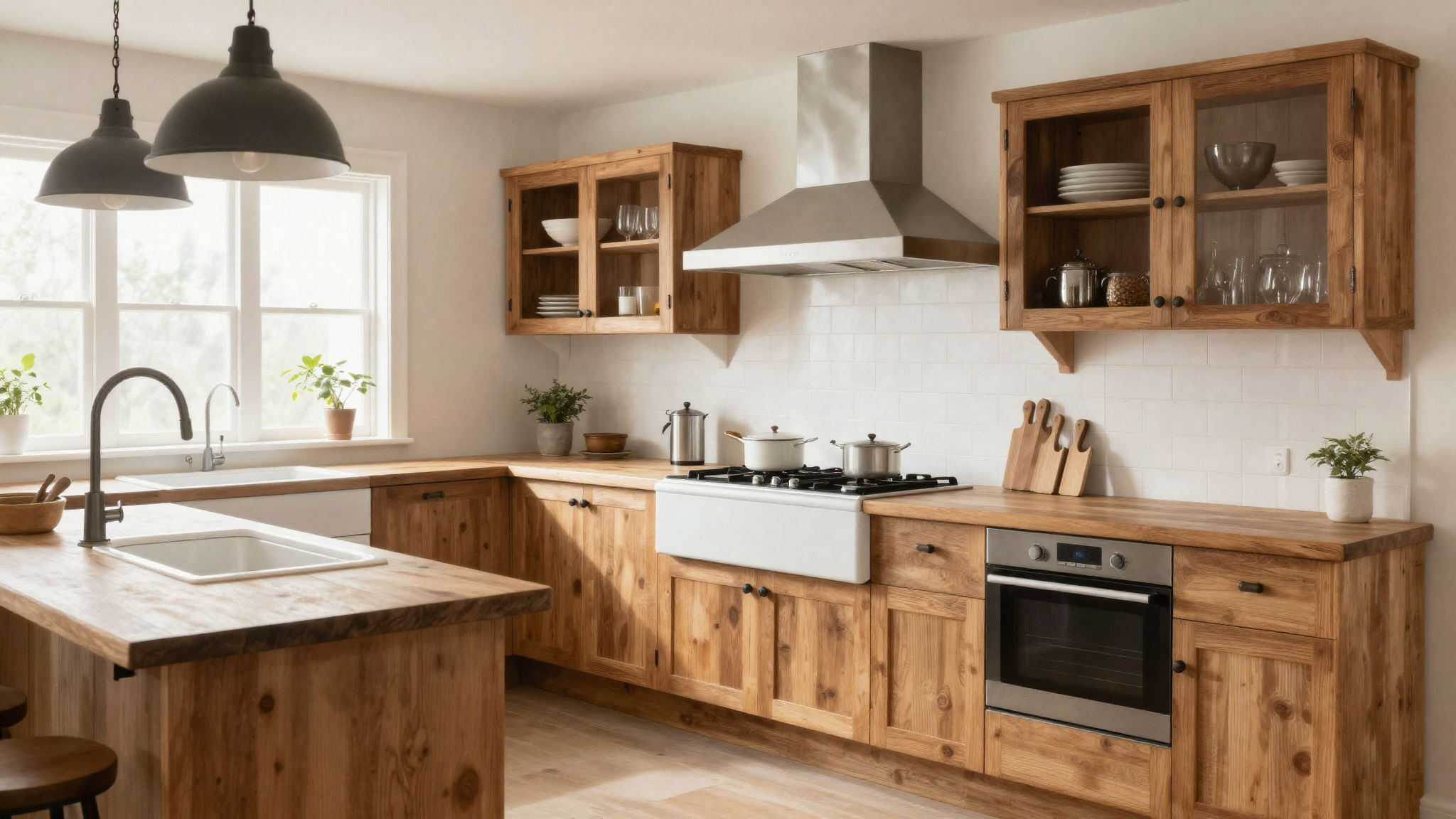 Rustic farmhouse kitchen with open wood shelving apron front sink iron pendants and warm lived-in functional feel
