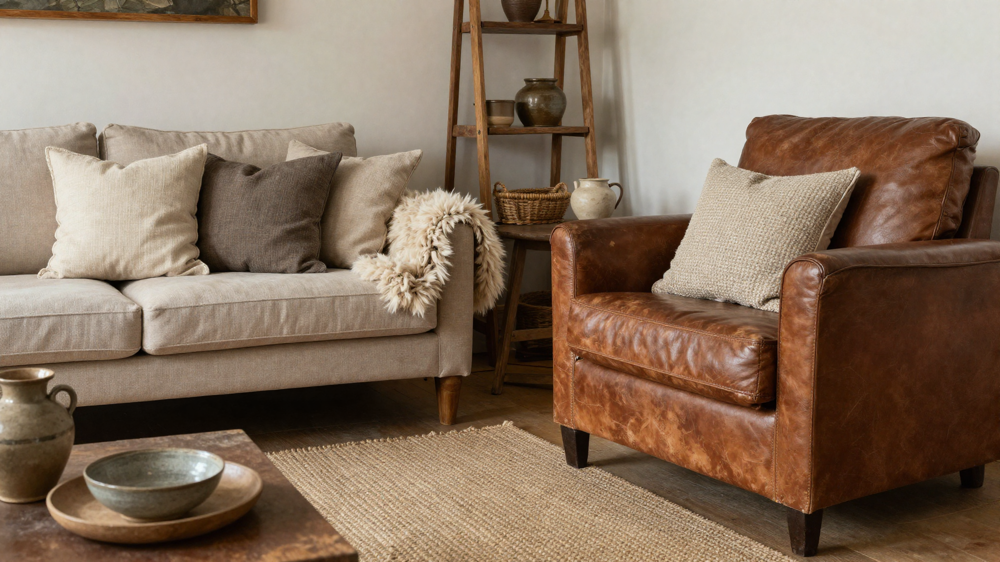Farmhouse living room layered with linen cushions chunky wool throw worn leather chair jute rug and ceramic accessories
