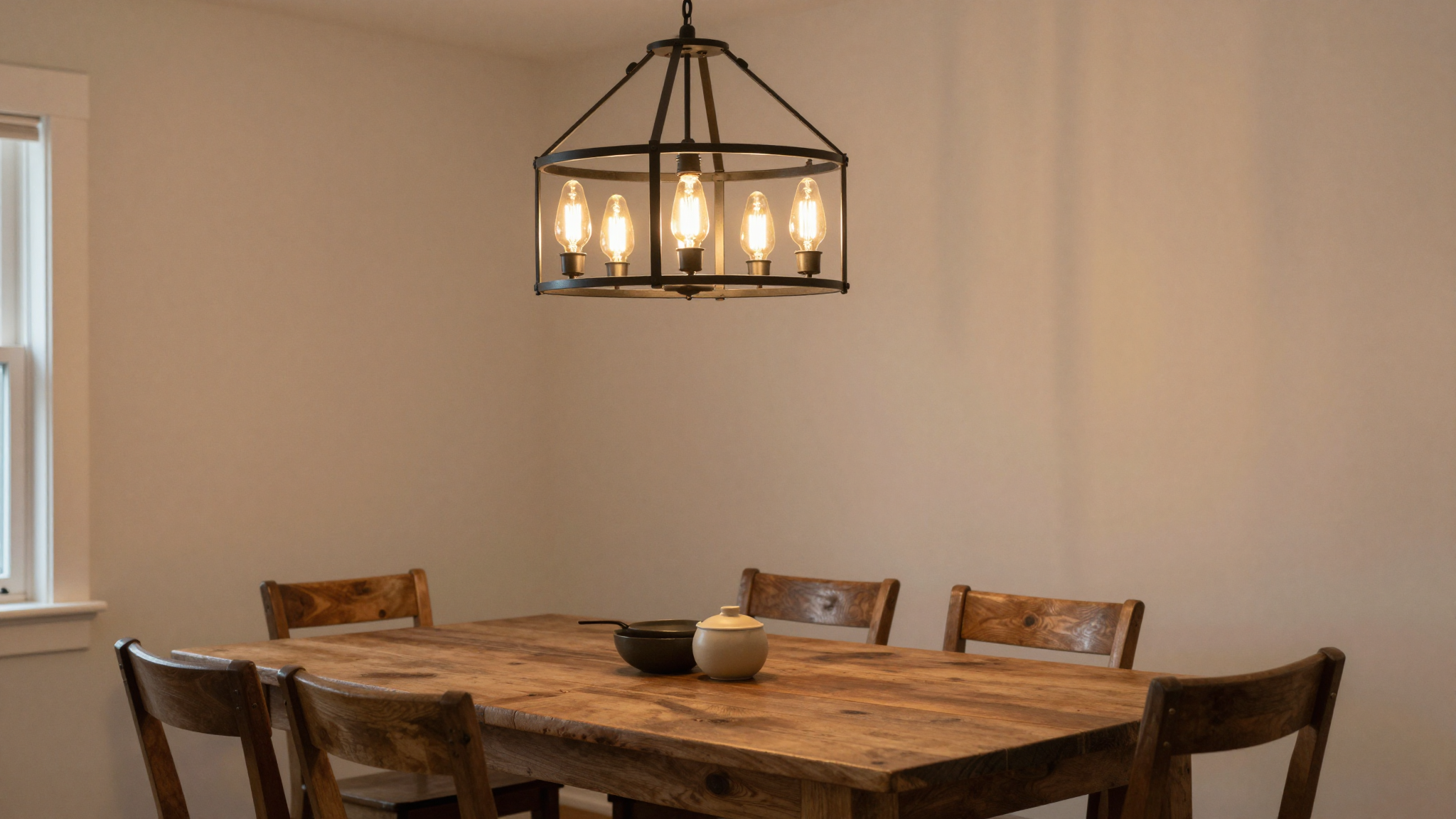 Farmhouse dining room with statement black iron chandelier as dramatic focal point above rustic reclaimed wood table