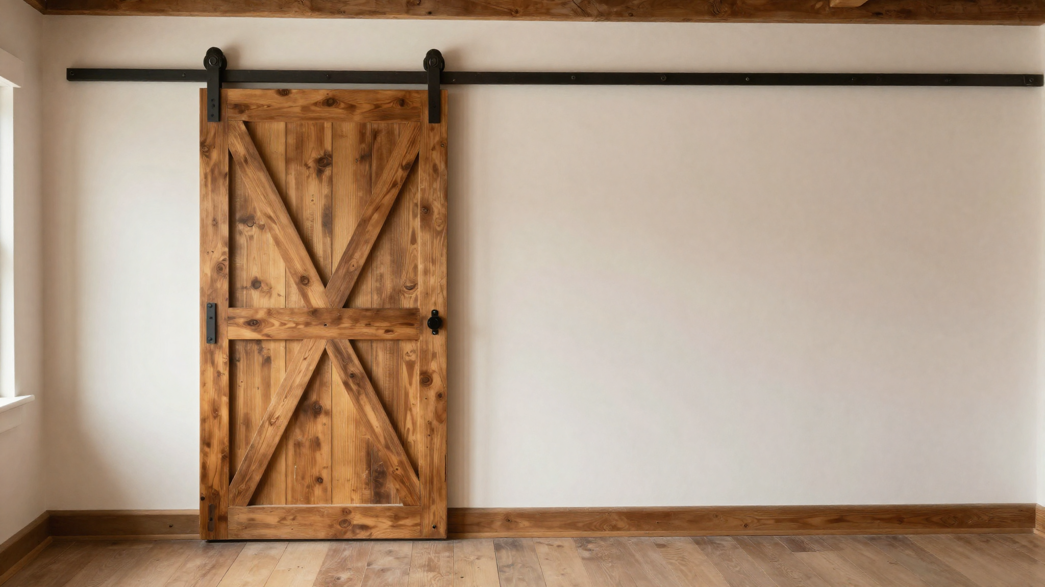 Farmhouse interior with sliding reclaimed wood barn door adding rustic character and saving floor space