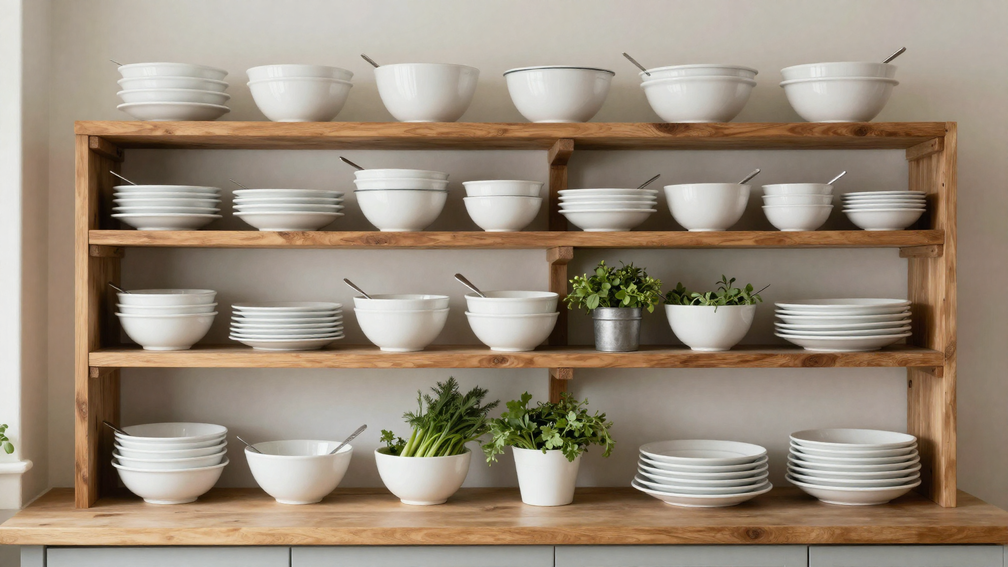 Farmhouse kitchen open wood shelves styled with white dishes vintage bowls pottery and herbs as beautiful daily still life