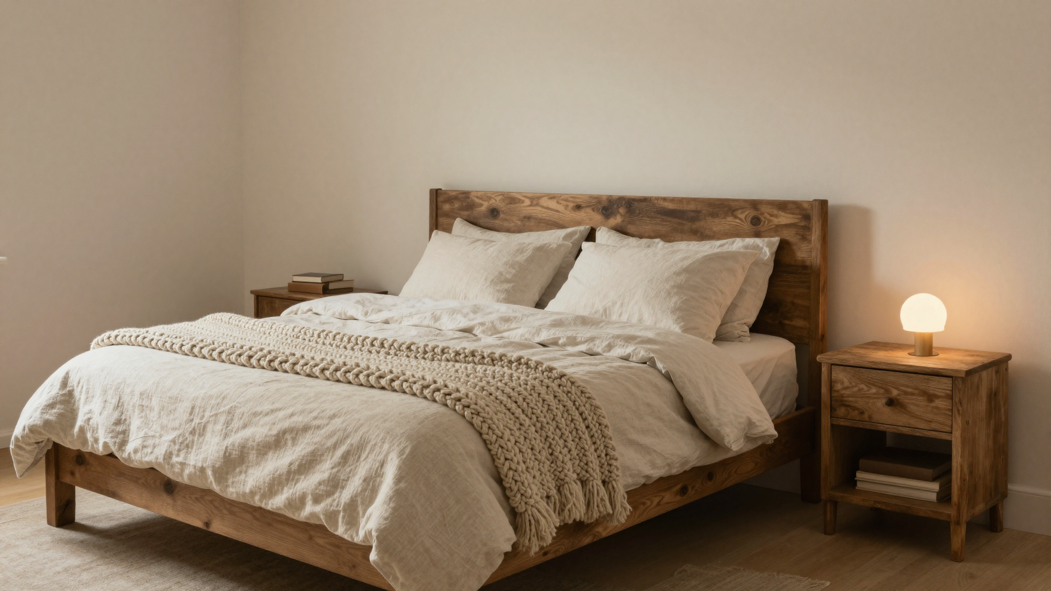 Rustic farmhouse bedroom with linen bedding chunky throw wood nightstands warm lighting calm restful atmosphere