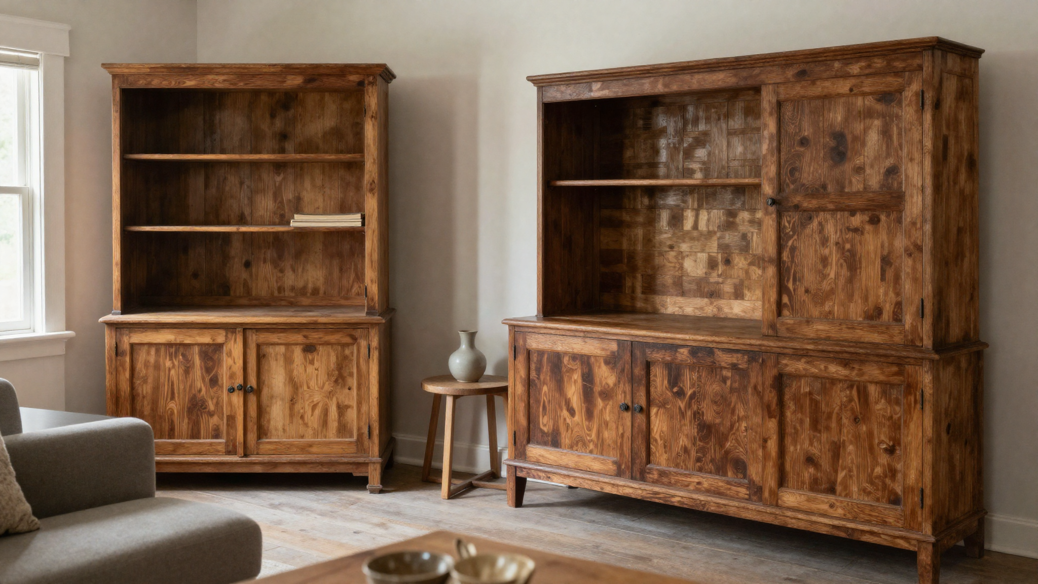 Farmhouse interior mixing antique vintage wood furniture beside modern clean pieces creating timeless collected personal feel