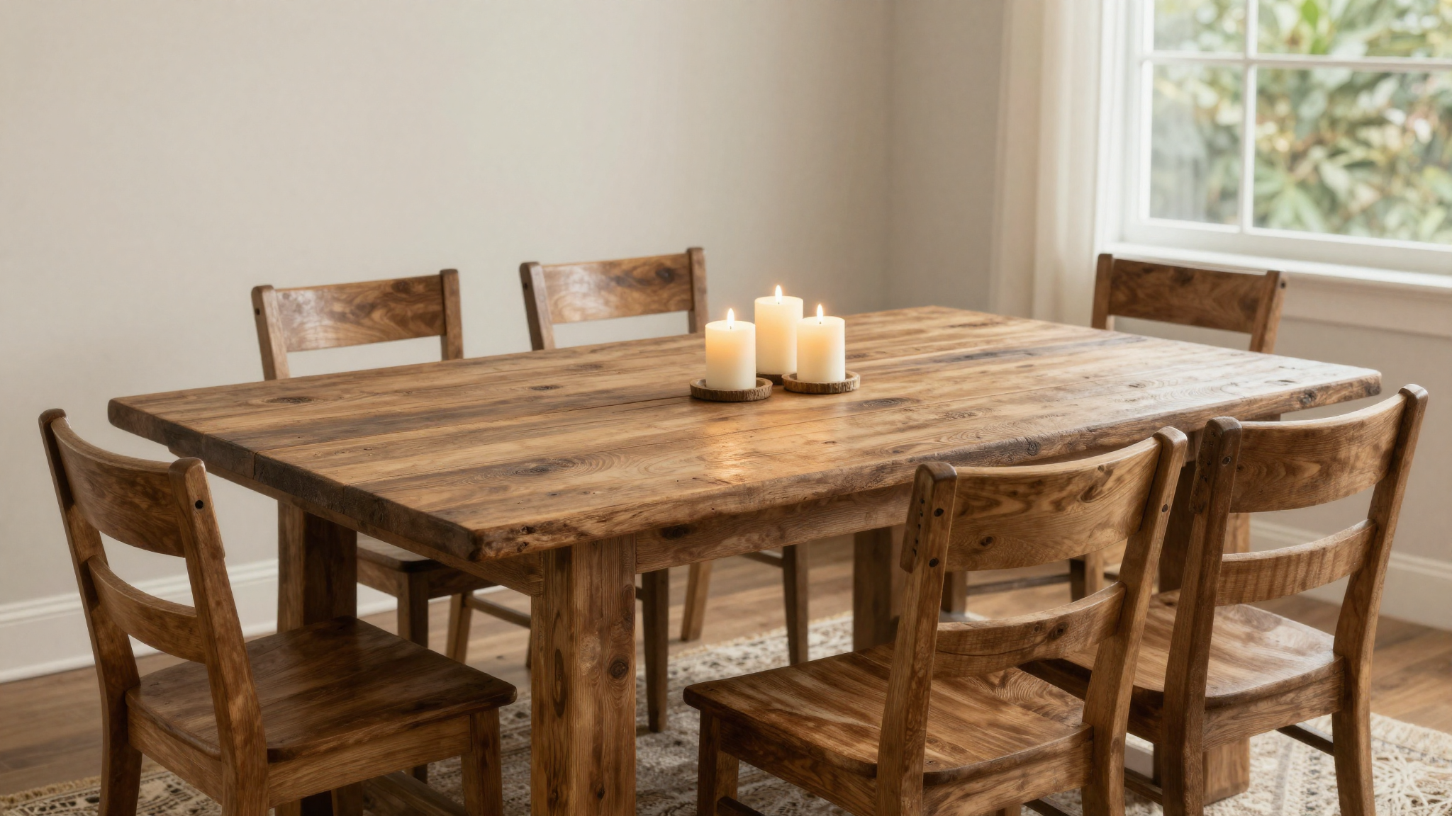 Long reclaimed wood farm table with mixed chairs as warm gathering heart of a rustic farmhouse dining room