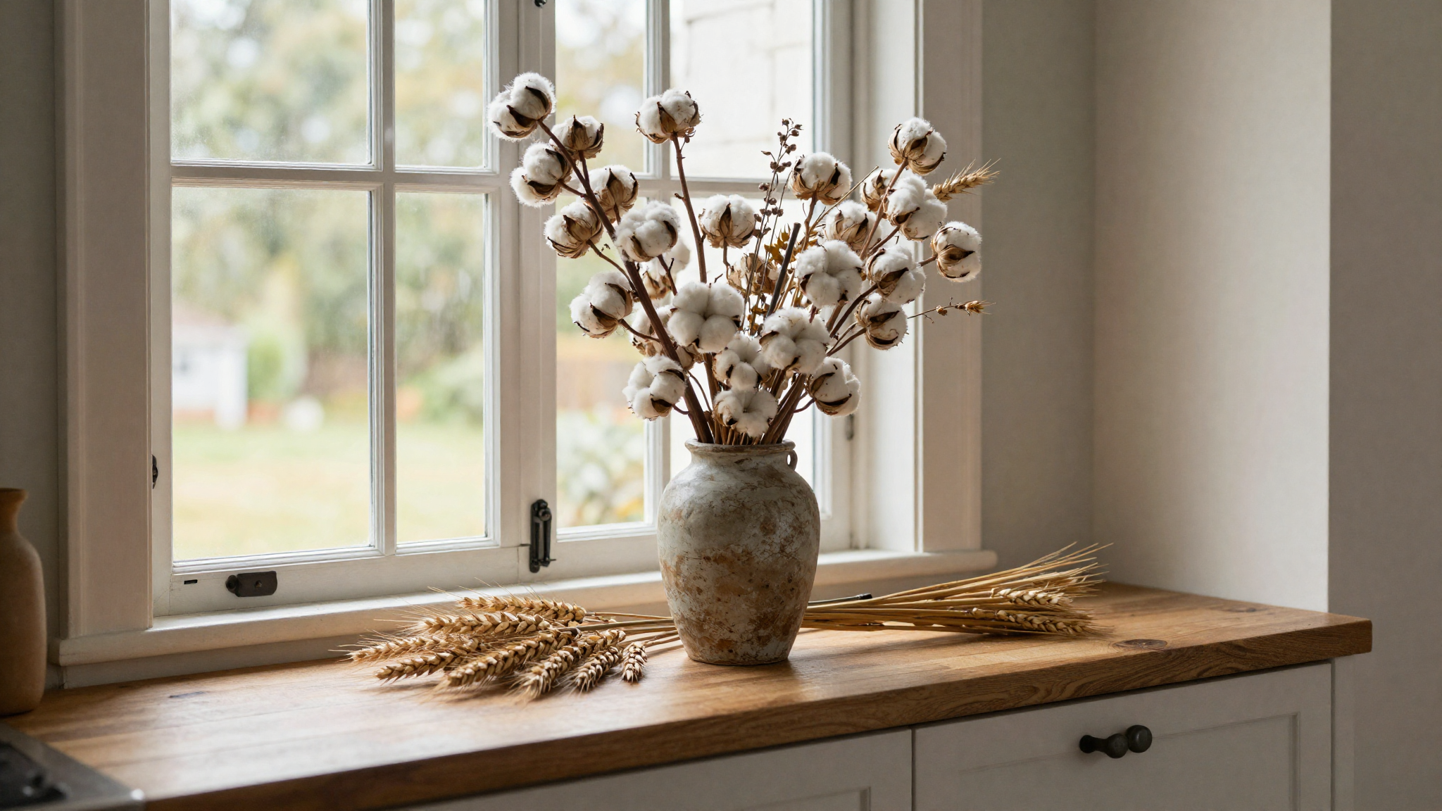 Farmhouse windowsill with dried cotton stems wheat bundle and wildflowers in vintage vessel as authentic free natural decor
