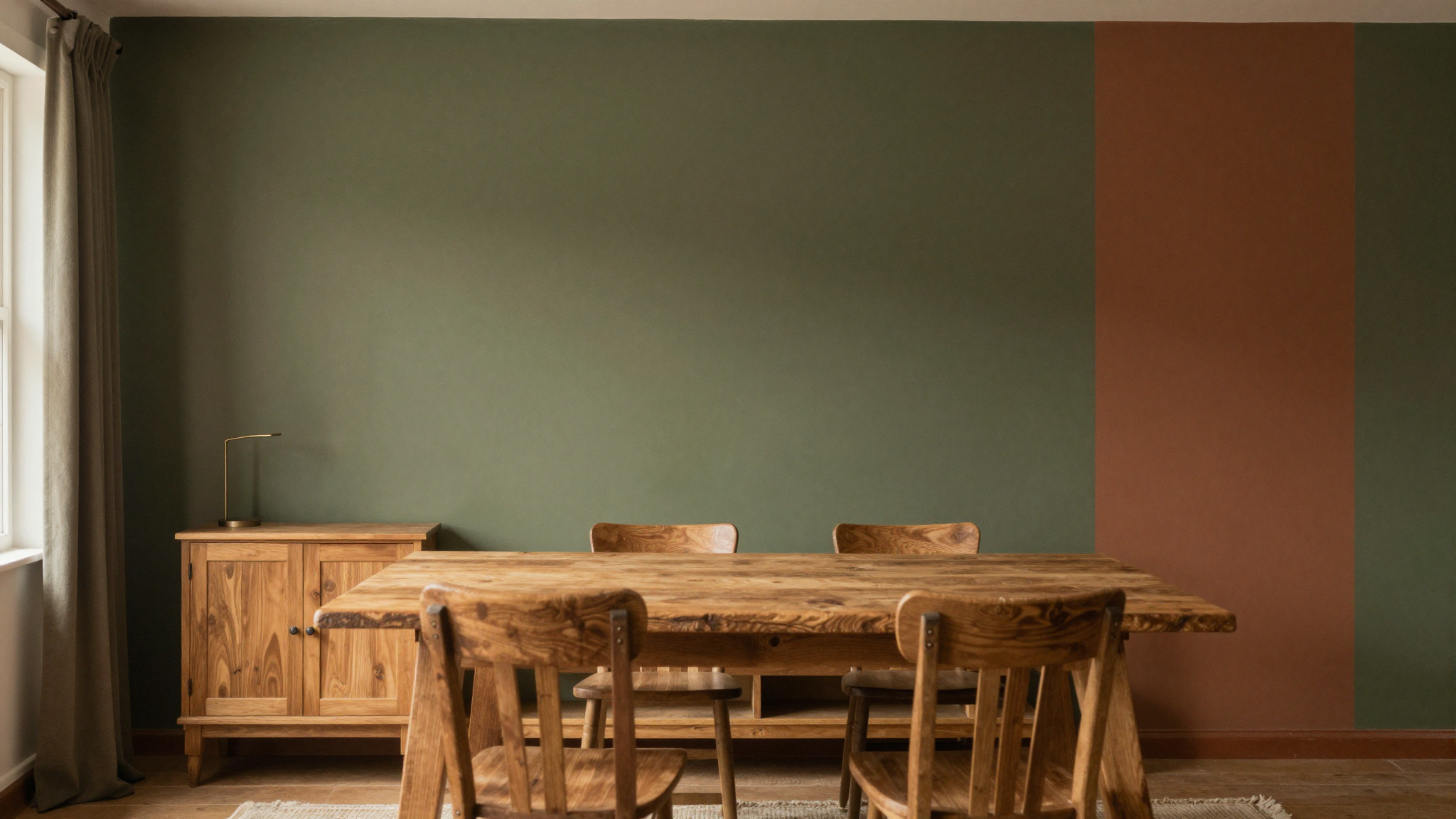 Farmhouse room with deep olive green accent wall and warm earthy color palette showing sophisticated rustic design