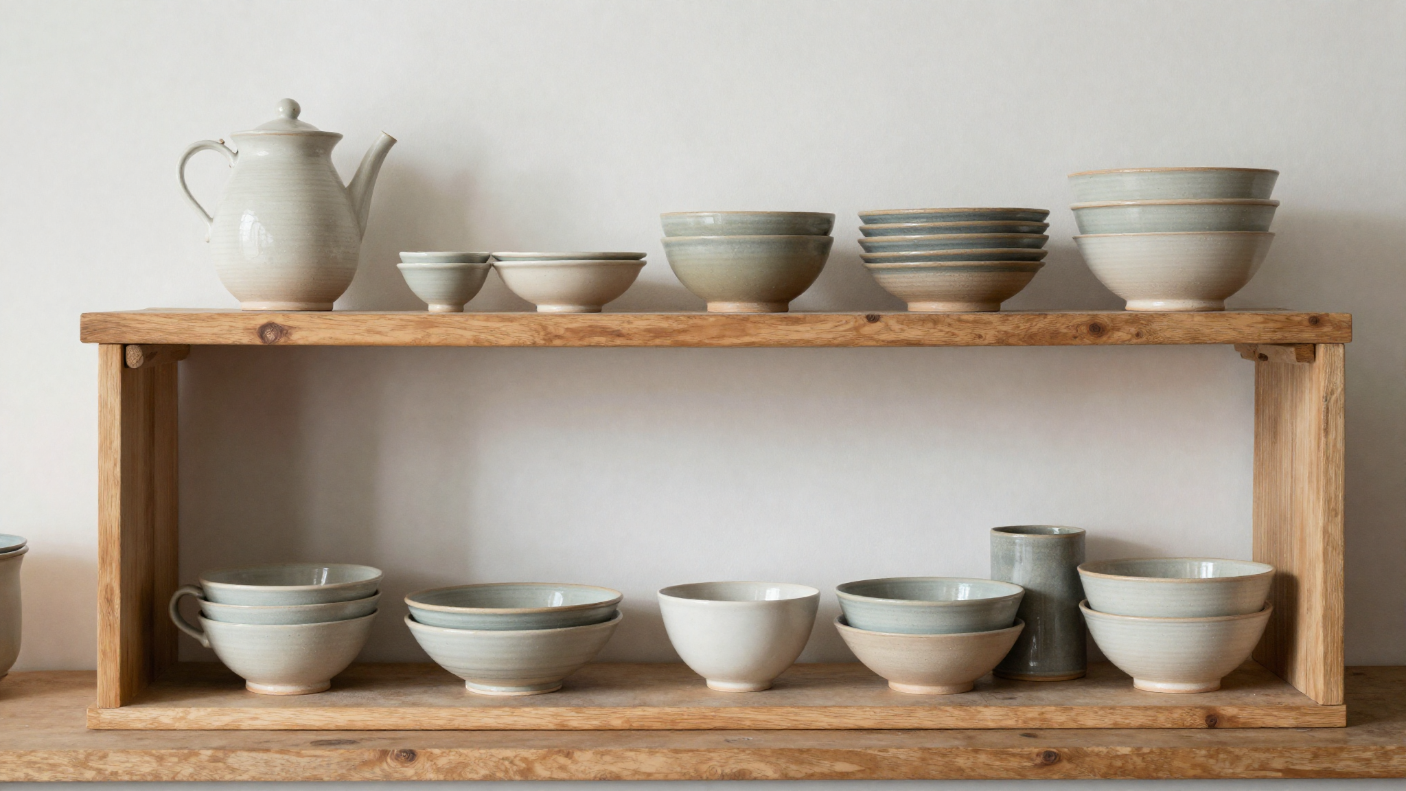 Farmhouse shelf styled with handcrafted pottery artisan ceramic bowls and hand-thrown mugs showing authentic imperfect character