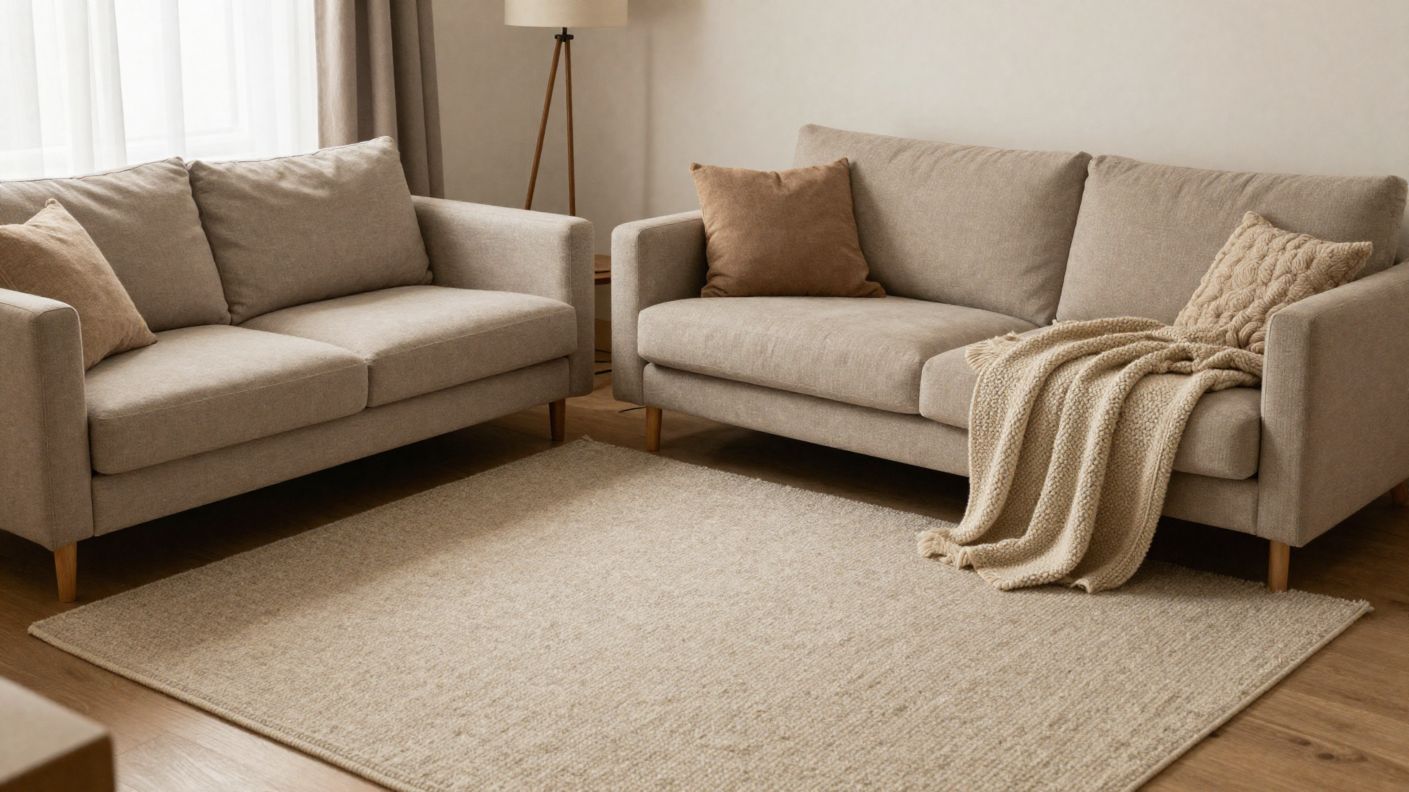 Cozy living room with layered textures wool rug linen sofa boucle chair chunky knit throw warm earthy tones
