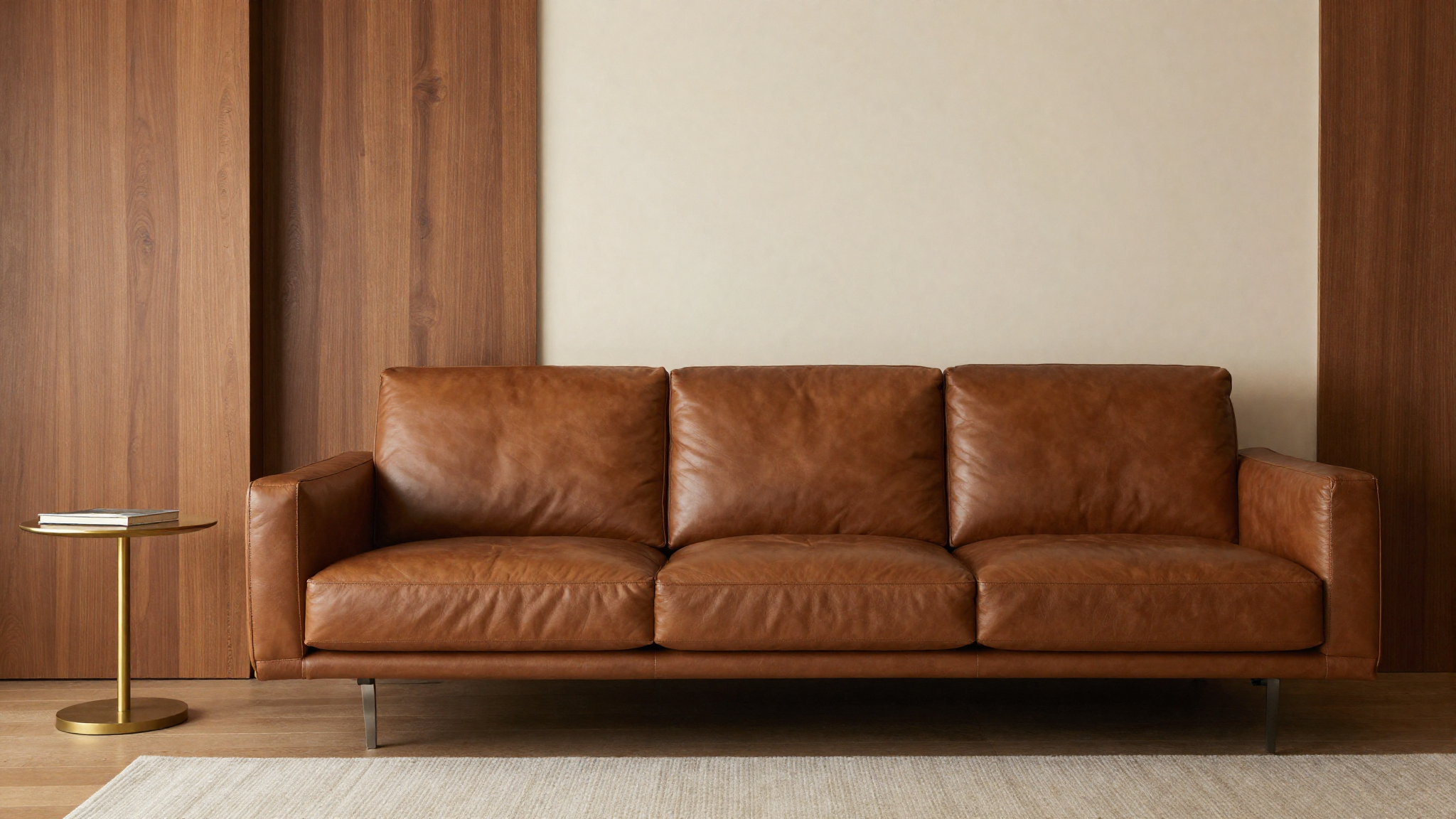 Living room with warm brown espresso tones leather sofa wood panel wall cream accents and brass details