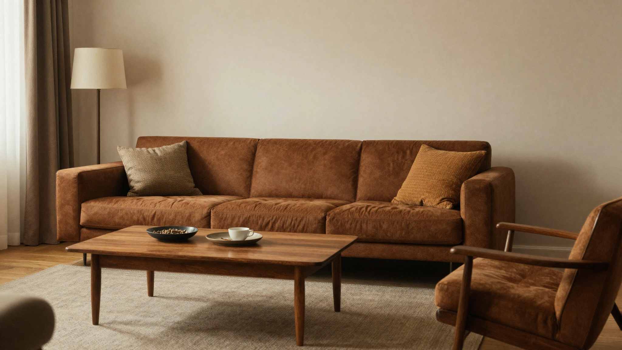 Living room with low-slung deep-seated sofa low coffee table and lounge chairs creating retro intimate atmosphere