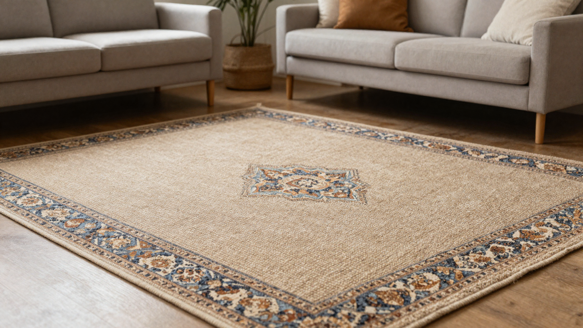 Living room with layered rugs large neutral jute base and smaller patterned rug on top adding depth and warmth