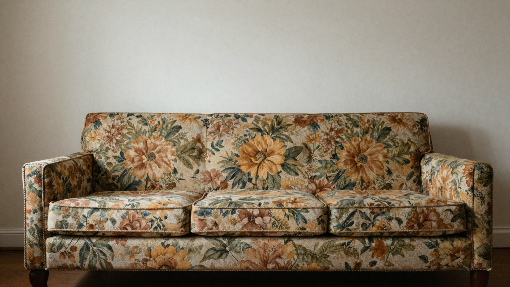 Living room with statement patterned sofa as bold focal point against calm neutral walls adding vintage character