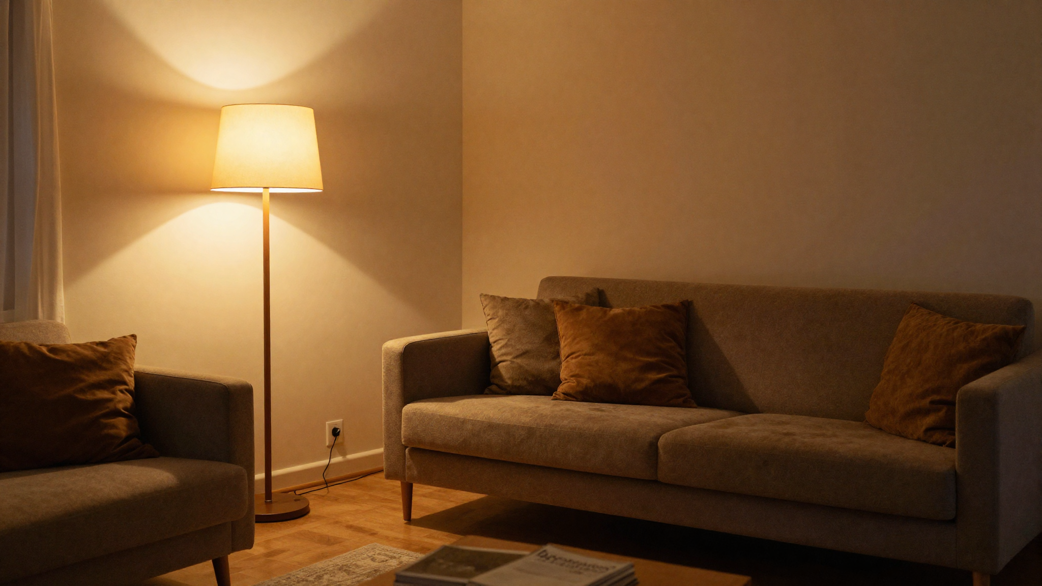 Living room with layered lighting floor lamp table lamp warm amber glow creating cozy inviting evening atmosphere