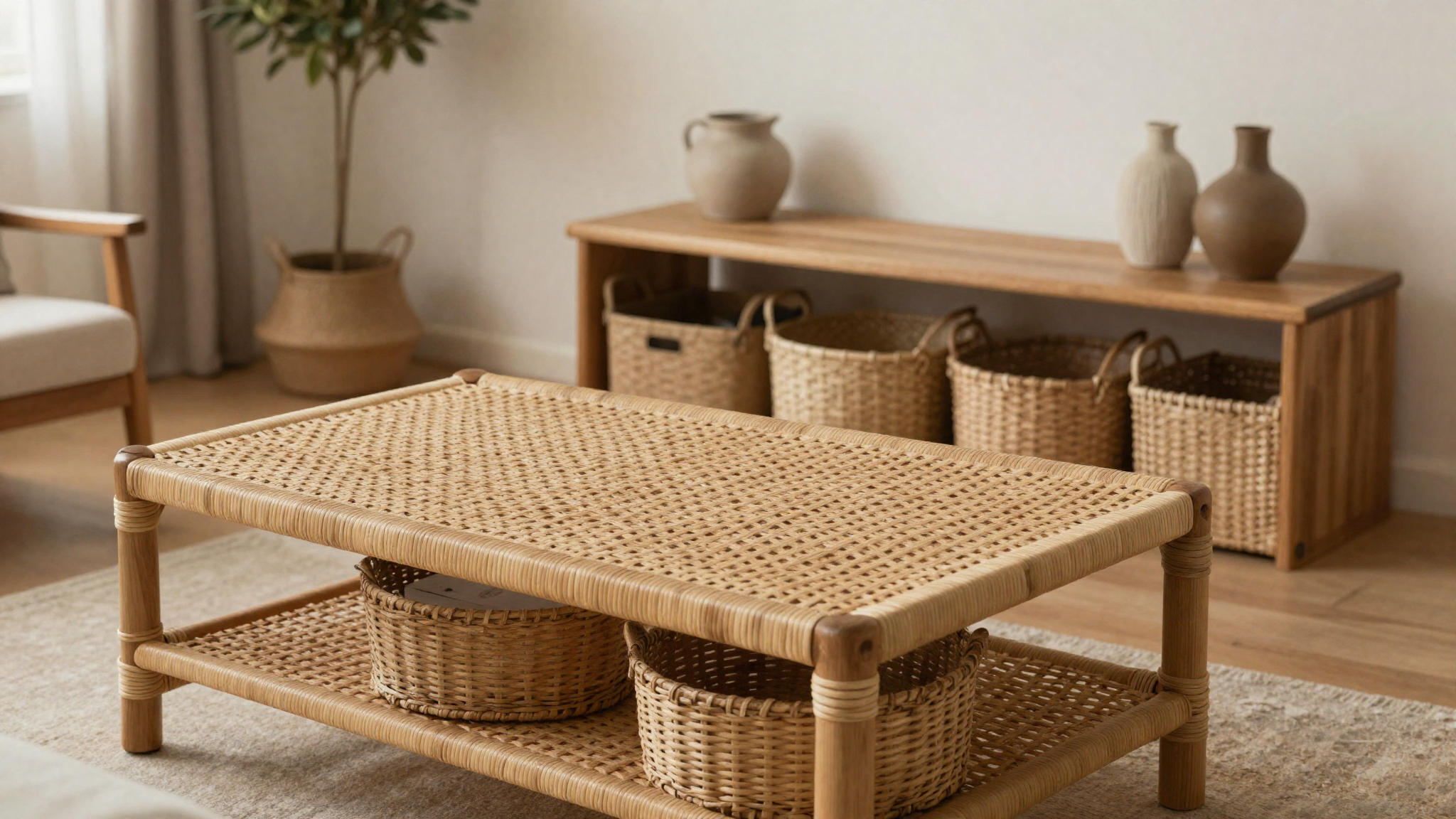 Living room with rattan coffee table woven baskets natural wood console stone accents organic natural materials
